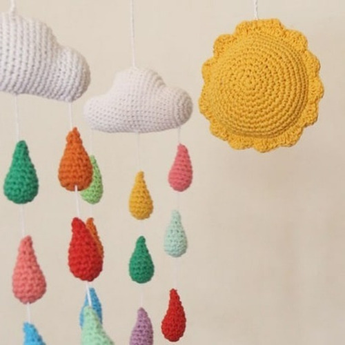 Movil Cuna Tejido Crochet Nube Con Gotitas Y Sol