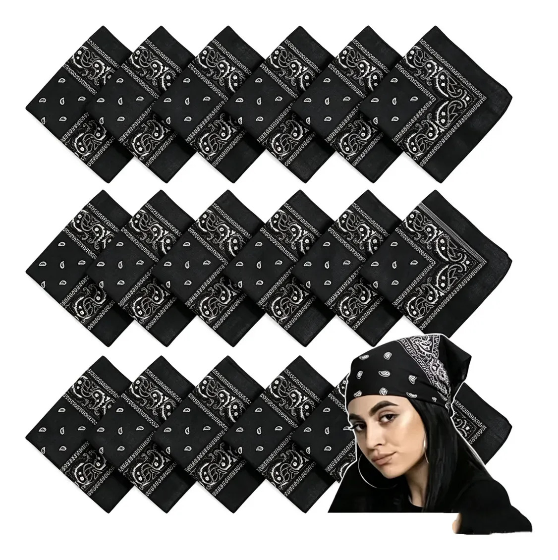 Pack de 18 Pañuelos Bandana de Paisley Negros para Hombres y Mujeres