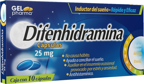 Difenhidramina 25mg C/10 Caps/ Auxiliar Insomnio / Gelpharma