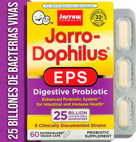 Jarro-dophilus Eps, Con 25 Billones De Bacterias Vivas Garantizadas, 8 Cepas Clínicamente Documentadas, Con Enhanced Probiotic System Sistema Probiótico Mejorado, Contiene 60 Cápsulas Veganas. 