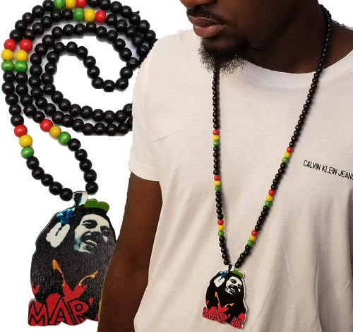 Bunfires Rasta - Collar De Madera Con Diseño De Bob Marley R