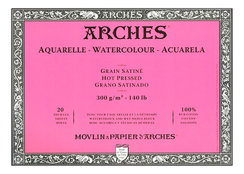 Block Papel Acuarela Arches 300gr Grano Satinado 18x26cm 20h Color Blanco