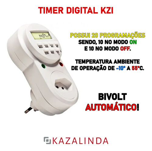 Timer Digital E Temporizador Tomada Energia Bivolt 2200w Kzi 20 Programações