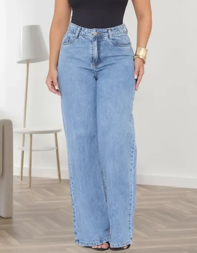 Calça Wide Leg Pantalona Jeans Feminina Marmorizada Cós Alto — R$ 71,99 em Mercado Livre, 29% OFF