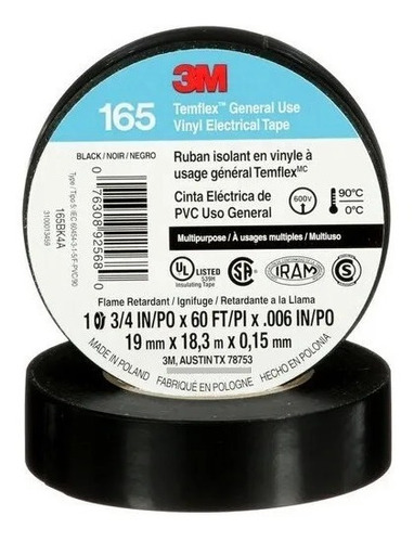 Cinta Aisladora 19mm X 9mt Negra Para Electricista 3m