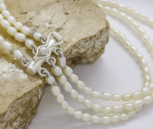 Pulseira 3 Fios Pérola Rústica Arroz Água Doce Natural Prata