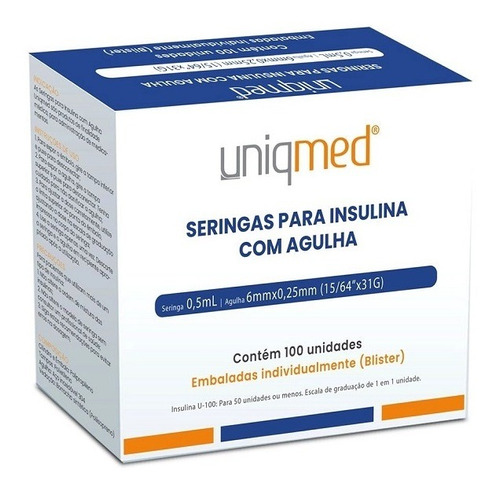 Seringa Insulina 0,5ml 6x0,25mm 31g Uniqmed Caixa Com 100un