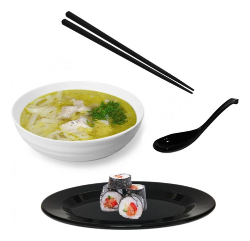 Kit Para Sopa Japonesa Tigela +prato Oval +colher + 2 Hashis