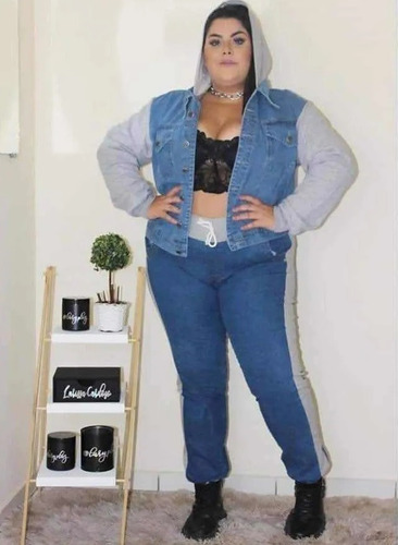 Imagem 3 de 4 de Calça Plus Size Jeans Det Em Moletom Com Lycra Cintura Alta