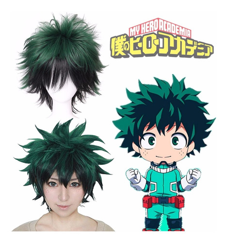 Peluca Cosplay Rizada Verde Corta Para Mi Héroe Academia