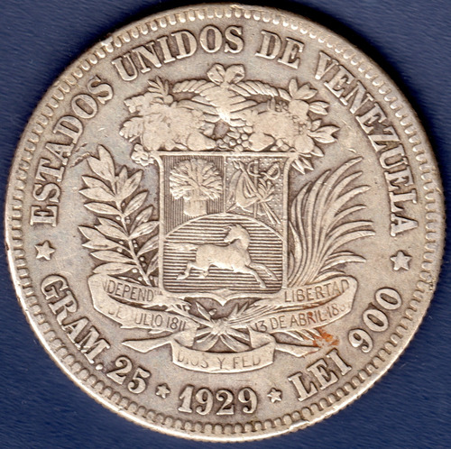 Moneda De 5 Bolívares De 1929 Fuerte De Plata