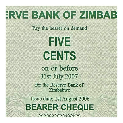 Zimbabwe - 5  Cents - Año 2007 - P #34 - Africa - Cheque