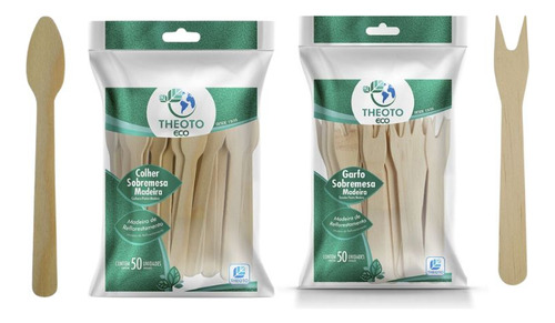 Kit Colher Sobremesa Madeira + Garfo Com 50 Unidades Theoto