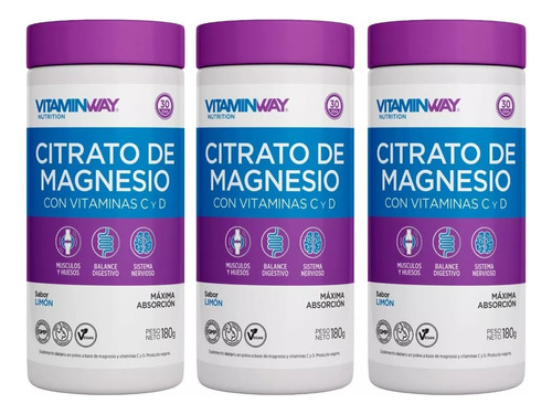 Citrato De Magnesio En Polvo Bebible 180 Gr Vitamin Way X 3