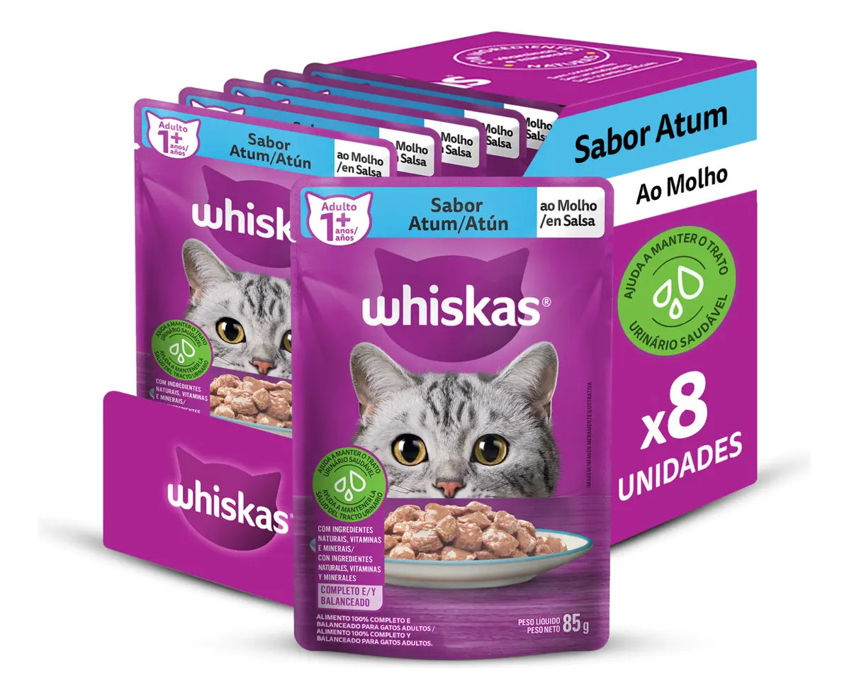 Kit Ração Úmida Whiskas Sachê Atum Gato Adulto 8 Un
