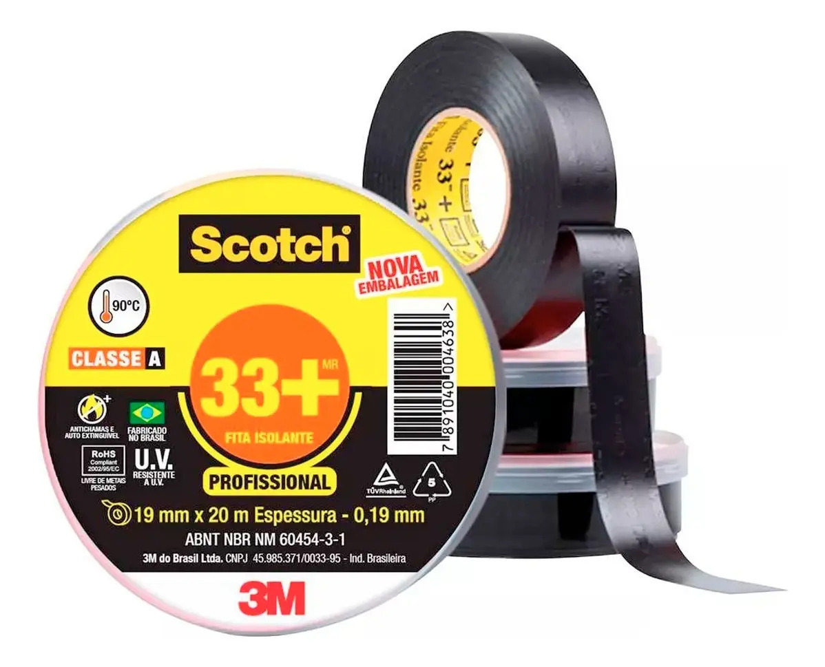 10 Fita Isolante +33 Profissional 19mmx20m Scotch 3m Preto Liso