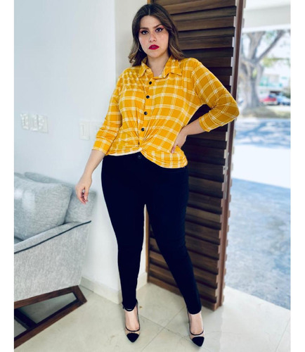 Blusa Diseño Camisero En Talla Extra, Modelo 1676 (mostaza)