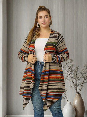 Cárdigan Talla Grande Chaqueta Ensamble Bohemio Con Rayas