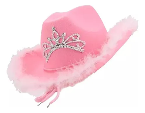 Sombrero Cowboy Rosa Tiara Plumas Disfraz Barbie Vaquera
