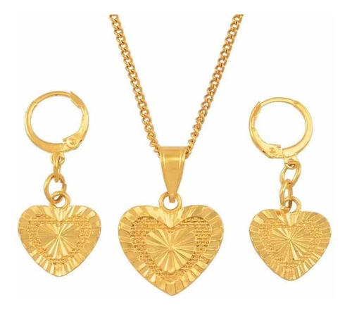 Collar Y Aros Colgantes Diseño Corazón Bañados En Oro