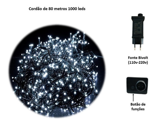 Cordão 1000 Leds Pisca Pisca 8 Funções 80 Metros Bivolt Cor das luzes Branco frio