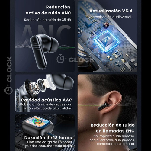 Auriculares Blueetoth Inalambricos O'clock Clip Ear Con Cancelacion De Ruido Traduccion En Tiempo Real Mas De 100 Idiomas Ecualizador Pantalla Led Tactil Varios Modos Gamer Musica Pelicula Hi-fi 360
