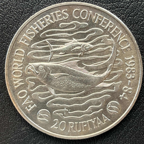 Moeda 20 Rufiyaa 1984 - Fao Pescas - Maldivas (Usado)