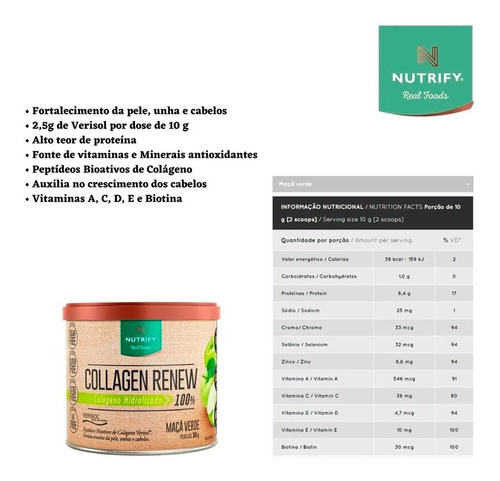 Colágeno Collagen Renew Hidrolisado Verisol 300g - Nutrify Sabor Maçã verde