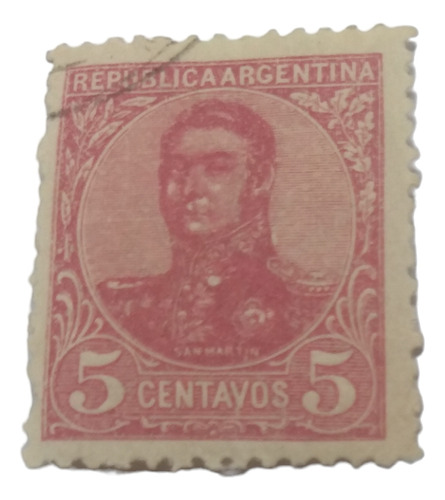 Timbre Postal Argentina Año 1908 José San Martin 5 Centavos