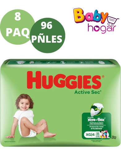 Huggies Active Sec Xxg, Xg, G Y M Pack X8 Paquetes