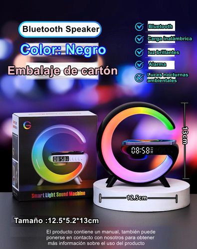 Bluetooth Speaker Con Reloj Y Carga Inalámbrica Color Negro
