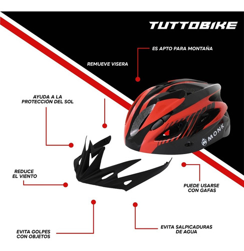 Imagen 6 de 10 de Casco Bicicleta Ruta Y Montaña Luz Led Y Visor Ciclismo Monk