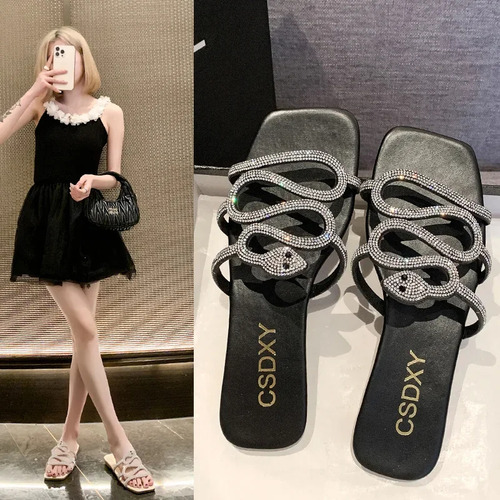 Sandalias Con Estampado De Serpiente Y Tacón Plano, Zapatill
