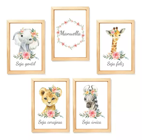 Kit 5 Quadros Decorativos Safari Baby Aquarela Menina