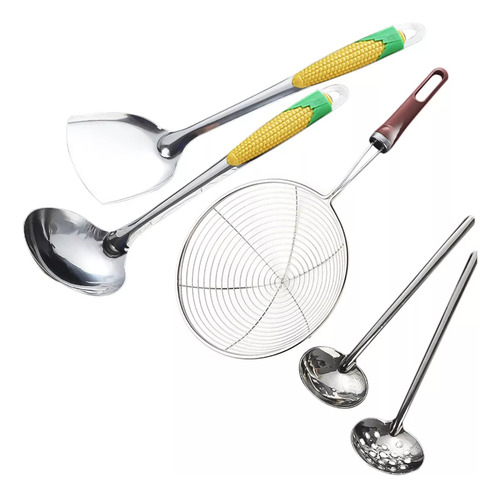 Set 5 Utensilios De Cocina Colador Cuchara Espatula Escurrir Plata