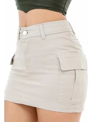 Saia Jeans Feminina Cargo Curta Sarja Bolso Lateral Cos Alto