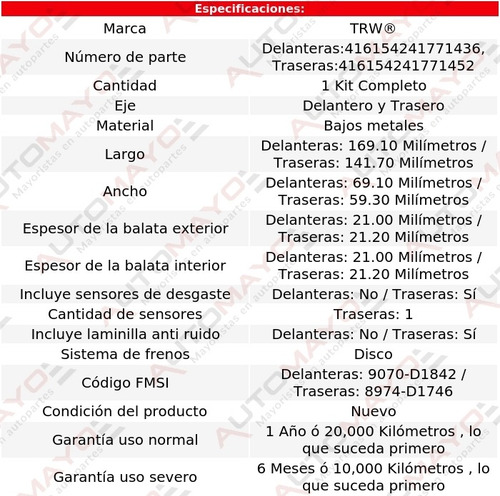 Jgo Balatas Bajos Metales Del Y Tras Promaster 3500 15-16