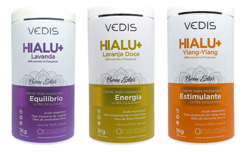  Kit Cremes Massagem Hialu+ Estimulante Equilíbrio Energia Fragrância Laranja Lavanda Ylang Ylang