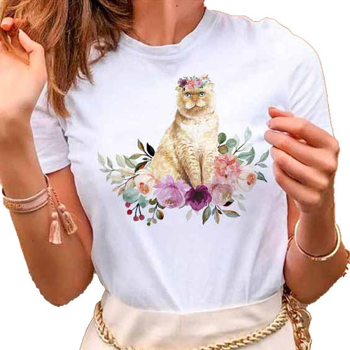 Remera Dama Mujer Street Mascota Con Flores Gato Gatito #15