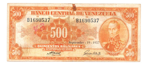 Billete De 500 Bs Septiembre 1957 B7