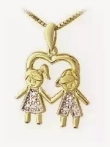 Pingente Menina E Menino Com Corrente !ouro 18k! Brilhantes!