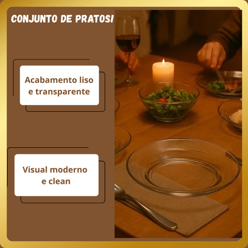 Jogo De Prato Fundos Liso Transparente Refeição Kit 12 Un