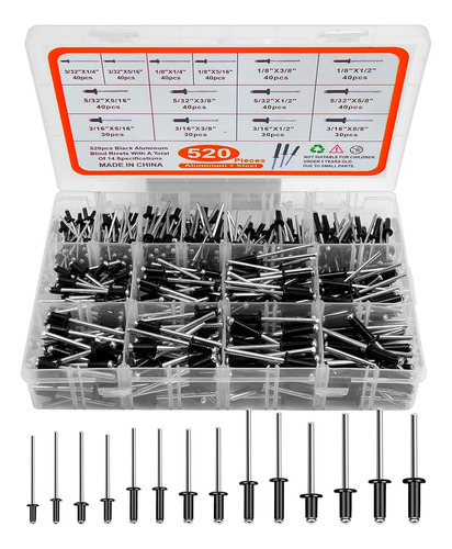 Kit Surtido Black Rivets Pop Rivets De 520 Piezas, Linge 14.