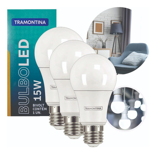 Kit 3 Lâmpadas Led Bulbo 15w Soquete E27 6500k Tramontina Cor Da Luz Branco-frio 110v/220v