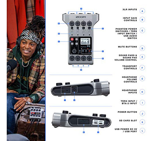 Grabadora Podcast Porttil Zoom Podtrak P4 + Mic Zoom M-1 + A
