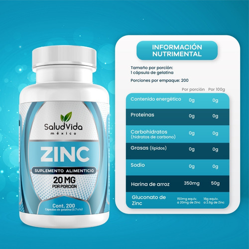 Imagen 2 de 3 de Gluconato De Zinc 200 Cápsulas Saludvida México