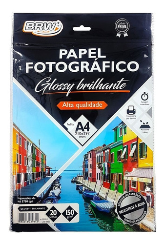 Papel Fotográfico Glossy Brilhante A4 20fls 150g Brw Cor Branco