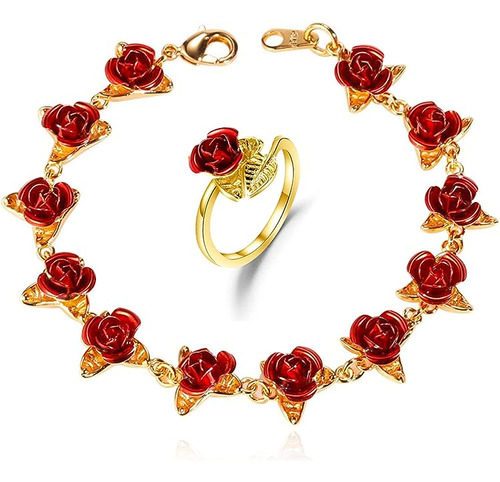 Juego Anillos Pulsera Rosas Para Mujeres Y Niñas Anillo Puls