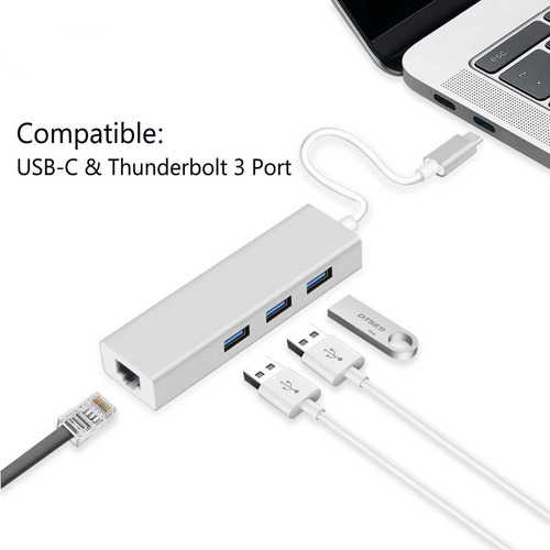 Hub Usb C Adaptador Zapatilla 3 Puertos Usb 3.0 + Rj45 Alumi