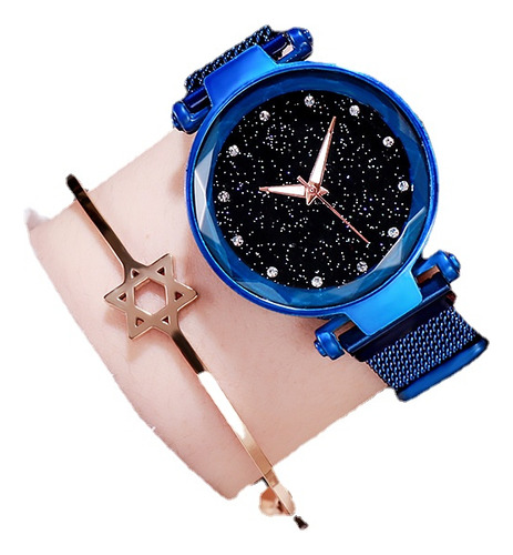 Reloj De Cuarzo Reloj De Ocio Reloj Mecánico Reloj Magnético Correa Azul Bisel Rojo Vino Fondo Negro